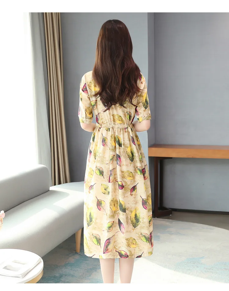 

Women's Dresses Plus Size Loose Print Lady Dress New O-neck Fashion Casual Dresse Mid-Calf Chiffon Short Sleeve A-LINE Houthion