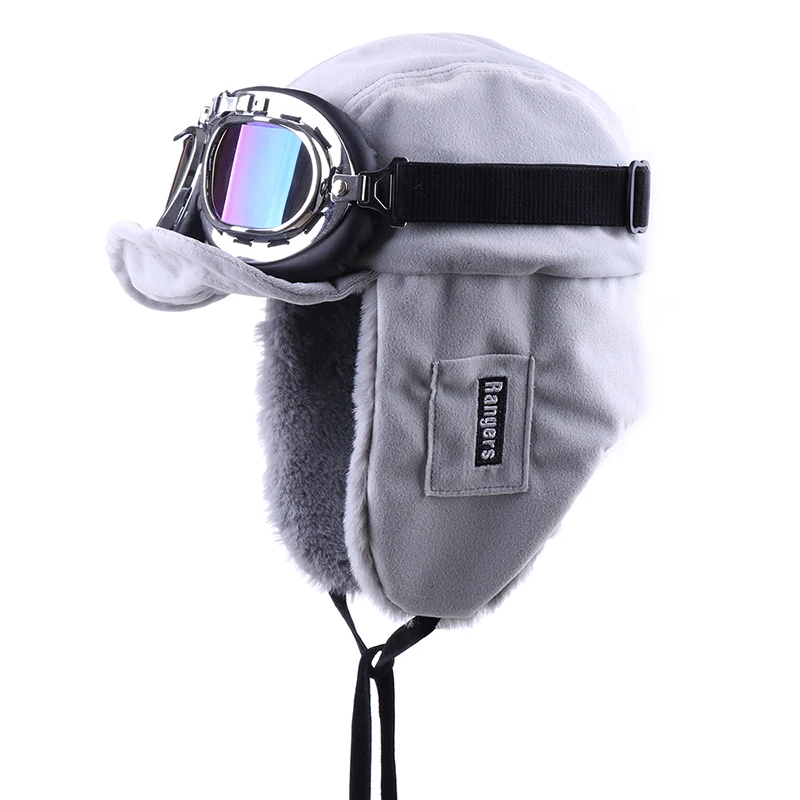 Зимняя куртка-бомбер Шапки Плюшевые Earflap русская ушанка с очки для мужчин женщин's Траппер Авиатор шлем летчика Искусственная кожа меха зимние шапки - Цвет: Grey-Blue  Goggles