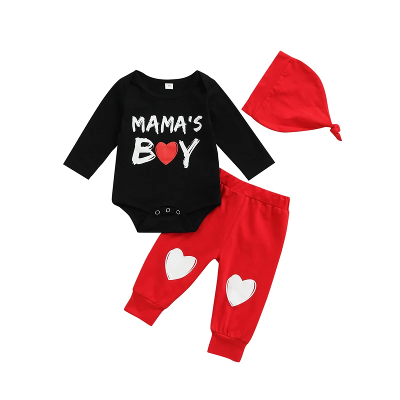 

3Pcs Baby's Clothes Boys Valentine's Day Outfits Letter Print Long-Sleeve Romper Heart Print Pants Hat For Toddler 0-18 Months
