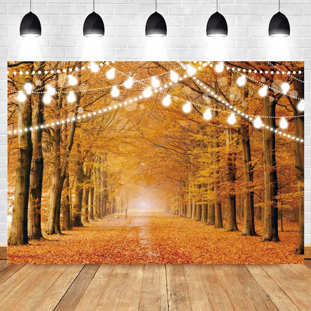 Autumn Fall Backdrop Forest Fallen Leaves Glitter Natural Scenery Photography Background Photo Booth Shoot Decoration Banner