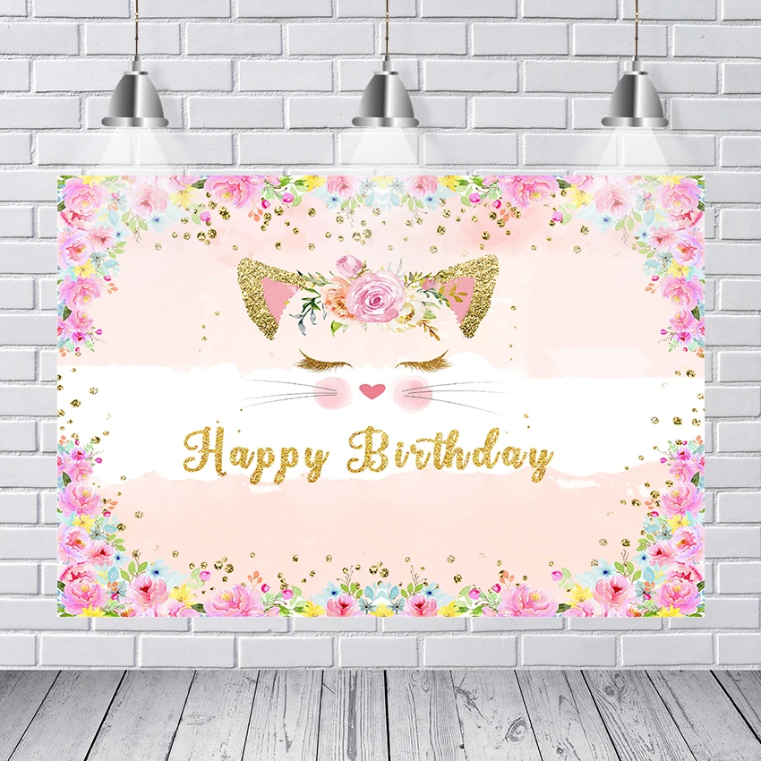 Photography Backdrops Cute Cat Princess Girl Birthday Party Decorations Golden Dots Pink Flowers Photo Background Booth enlarge