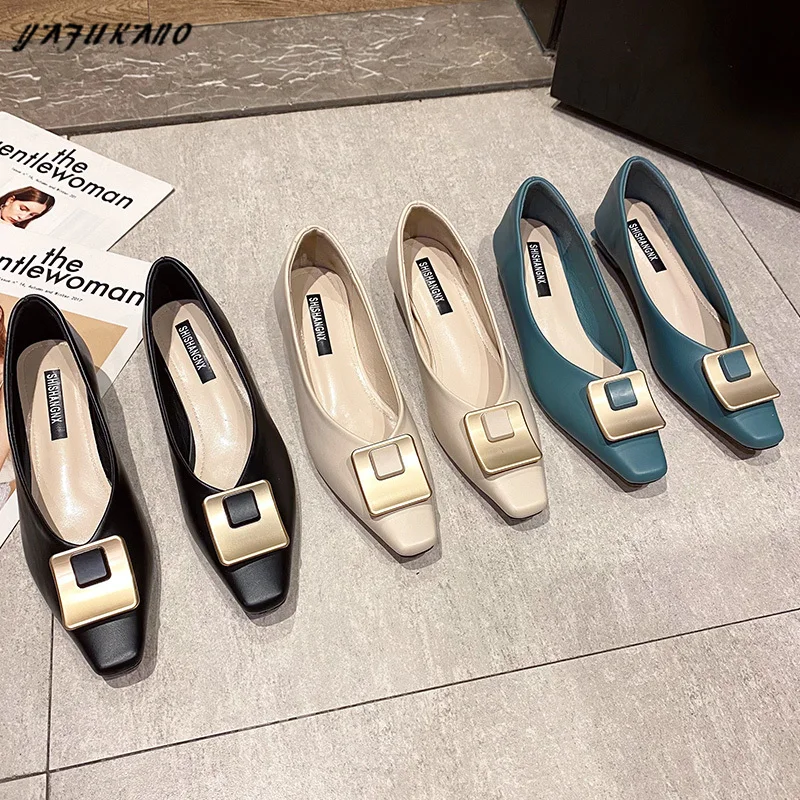 

Fashion Low Heel Women Single Shoes Autumn Retro Square Toe Metal Decoration Lady Pumps Thick Heel Shallow Mouth Work High Heels