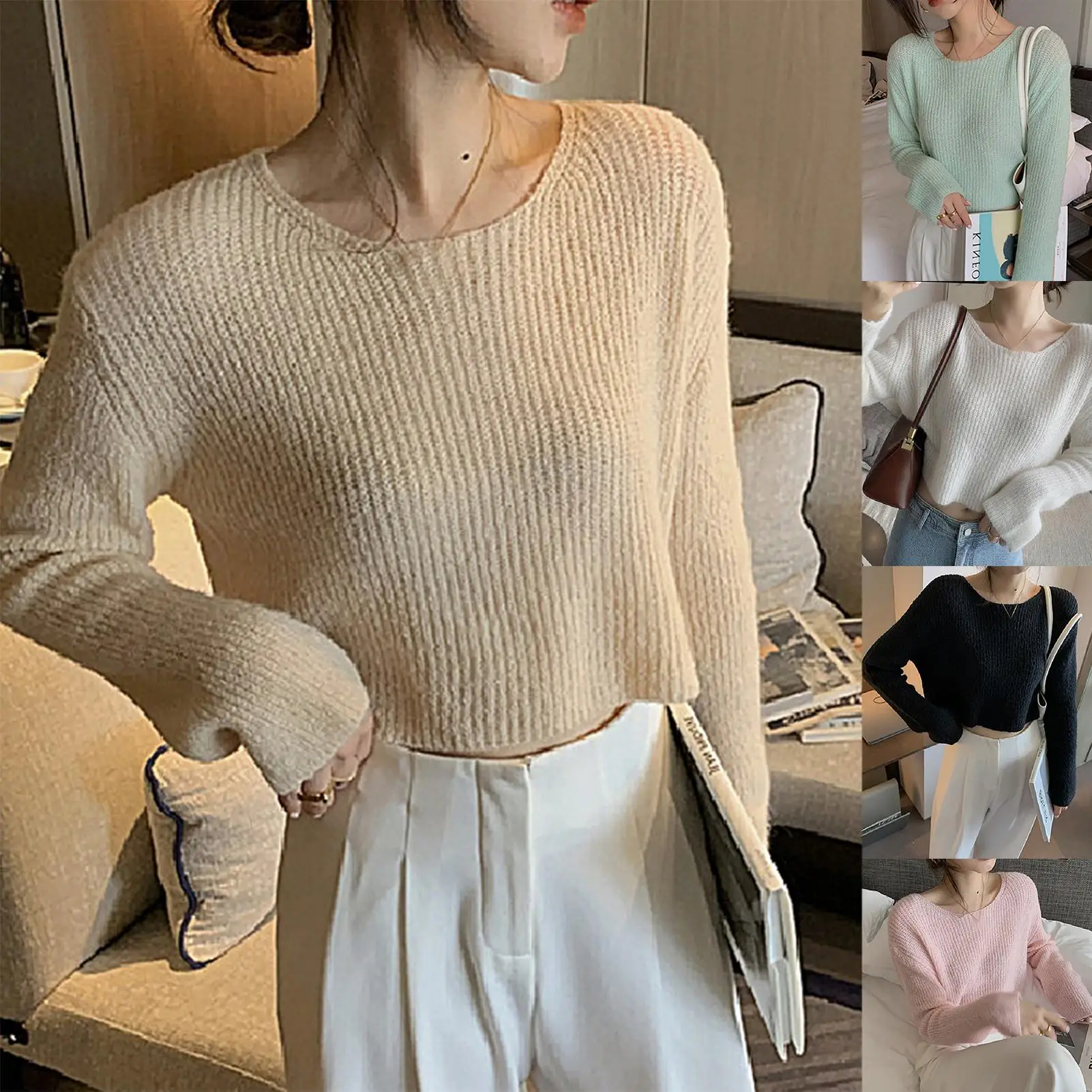 

Women Long Sleeve O Neck Solid Color Hollow Out Thin Knitwear Blouse Pullover