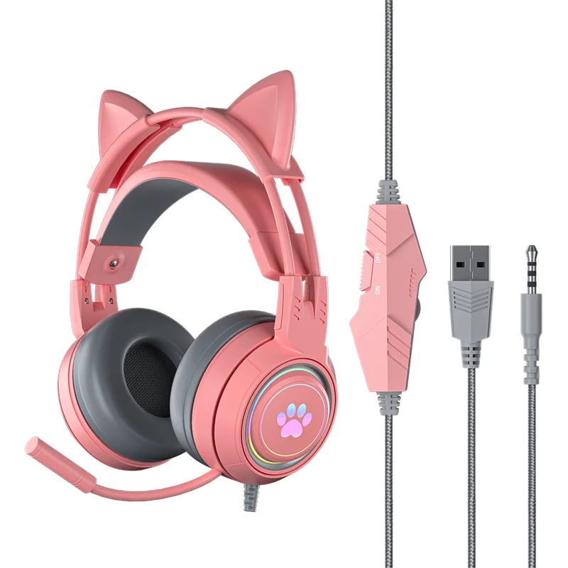 Cute Cat Gaming Headset For PS4 3 5 Xbox One Wire Mic Controlled LED Light Noise Cancelling For PC Over Ear ESports Headphones