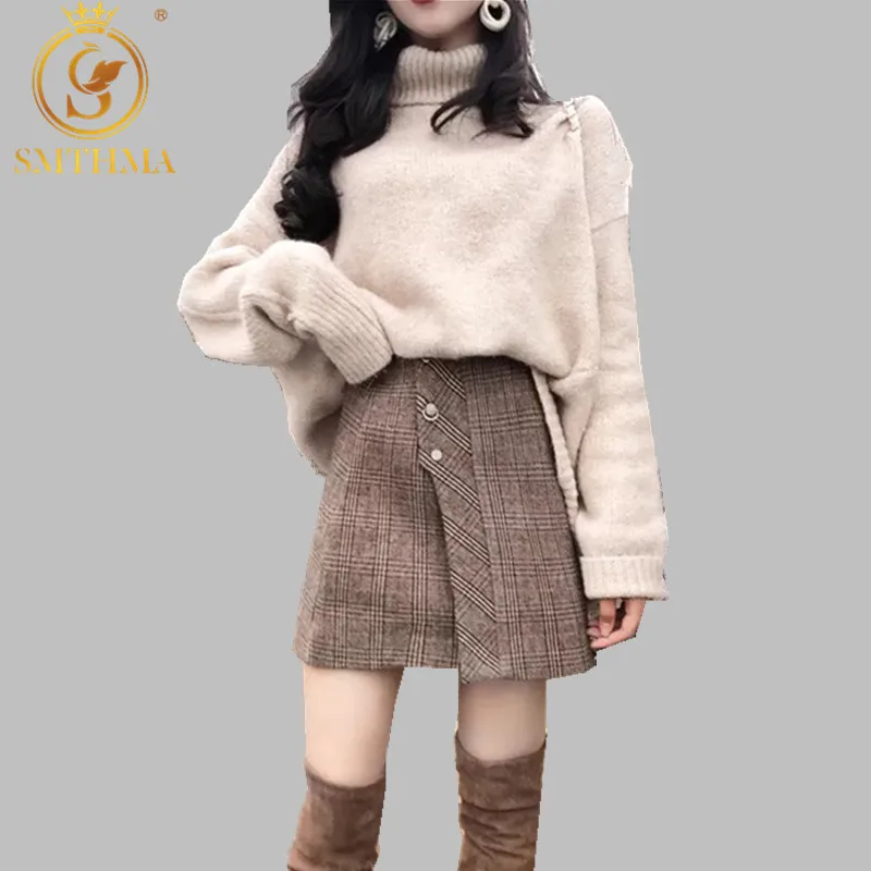 Photo Color Теплый женский комплект из юбки и кофты SMTHMA, женский комплект из короткой твидовой юбки с бахромой и вязаной кофты на пуговицах с расклешенным рукавом, на осень и зиму - Цвет: Photo Color