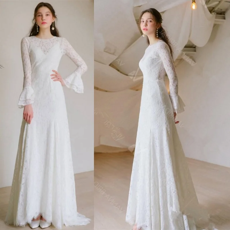 

Sheath Sweep Train O-Neck Lace Bell Sleeve Wedding Dress 2021 Elegant Slim Bridal Gowns vestidos de mairee Wedding