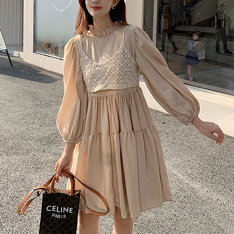 

Elegant Two Piece Dress Women Summer Korean Tops and Puff Sleeve Pleated Dresses Streetwear dress vestidos