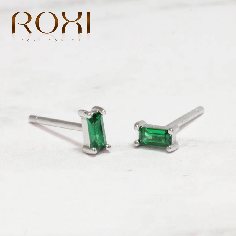 Женские квадратные серьги-гвоздики ROXI с изумрудно-зеленым камнем маленькие