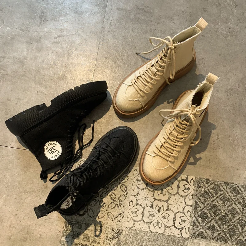 Женские парусиновые ботинки; ботильоны для женщин; Zapatos de mujer; модные однотонные Ботинки martin с круглым носком; повседневные мотоциклетные ботинки
