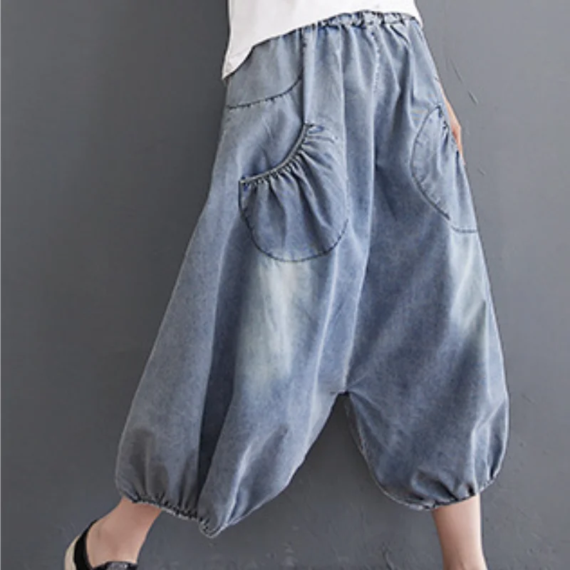 

Personality Loose Plus Size Tencel Cotton Jeans Women Elastic Waist Drawstring Bloomers Skirt Pants Drop-down Pants