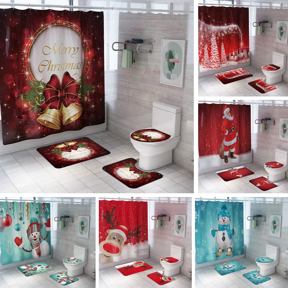 

Merry Christmas Fabric Shower Curtain Snowman Santa Claus Elk Bathroom Curtains Pedestal Rug Lid Toilet Cover Mat Non-Slip Set