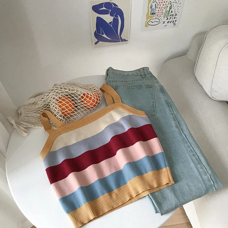 

Summer Girls Striped Croptop Hoodie Vintage Tank Top for Teens Knitting Camis Casual Korean Loose 2020 Fashion Womens Clothing