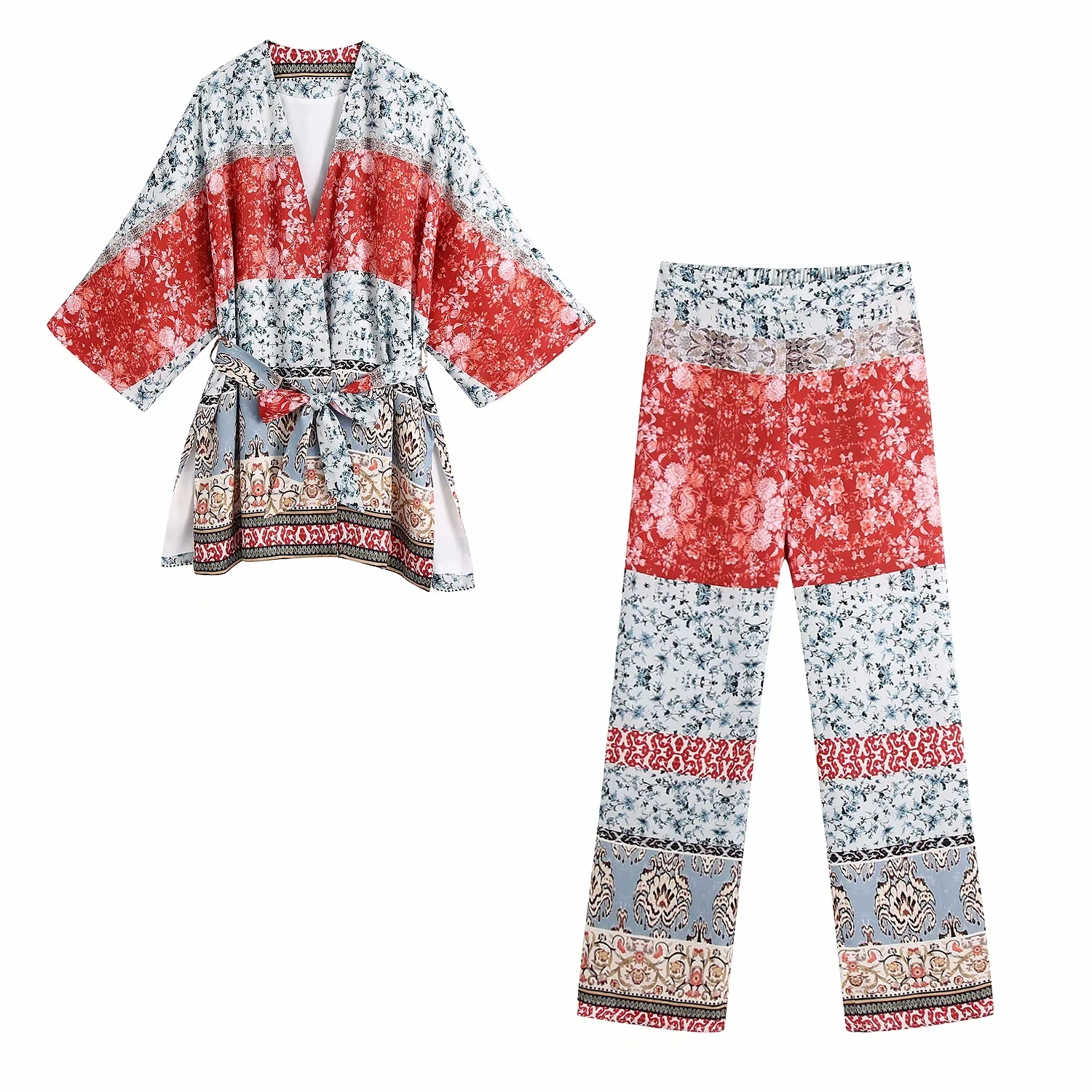 

Za 2021 Women With Belt Shirts Outerwear 2 Piece Set Print trousers Holiday Bow Sashes Smock Blouse + Pants Outfit Flower Suit
