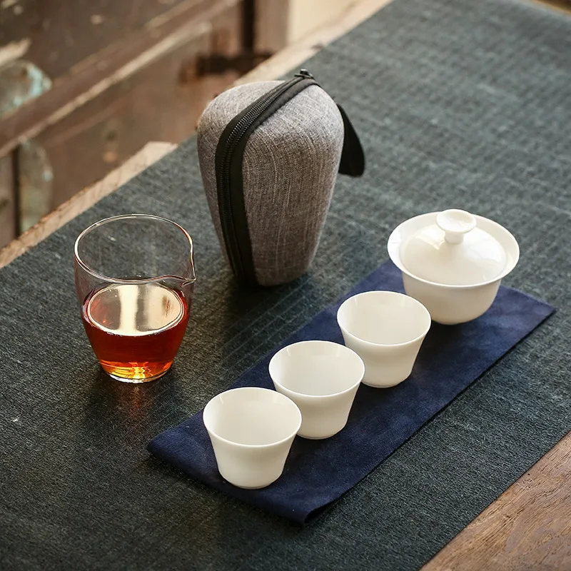 

Белый керамический чайный набор Gaiwan, чайная чашка для китайского кунг-фу, дорожный чайный набор, посуда для напитков с дорожным мешком, бесп...