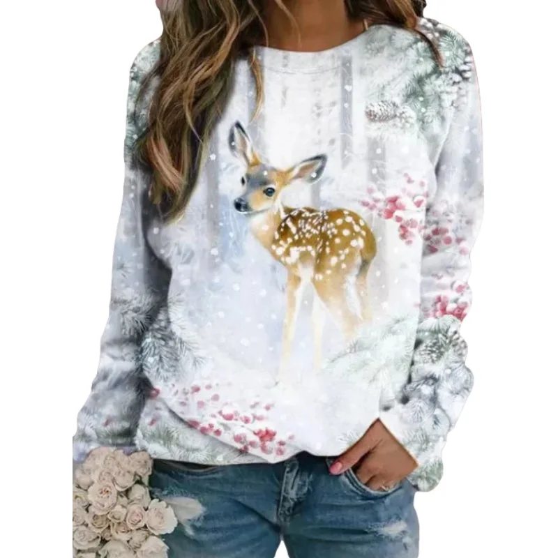 

kawaii Women's Long-sleeved Round Neck Pullover 3d Printed Fox And Deer Slim-fit Warm Plus Size Sweatshirt Sweatshirt