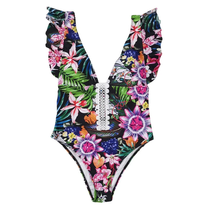 

Women Sexy One-Piece Bikini Swimsuit Ruffles Deep V-Neck Backless Monokini Boho Floral Print Lace Splicing Bathing Suit