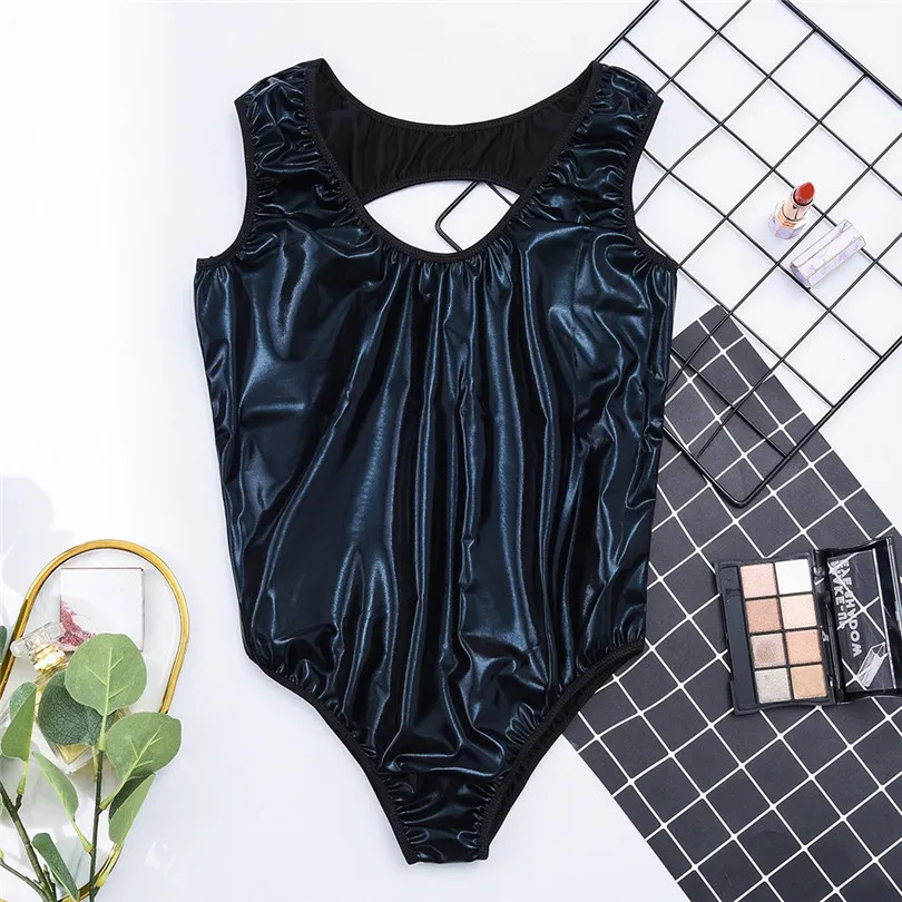 Новый женский боди одежда для сна из лакированной кожи висячий воротник