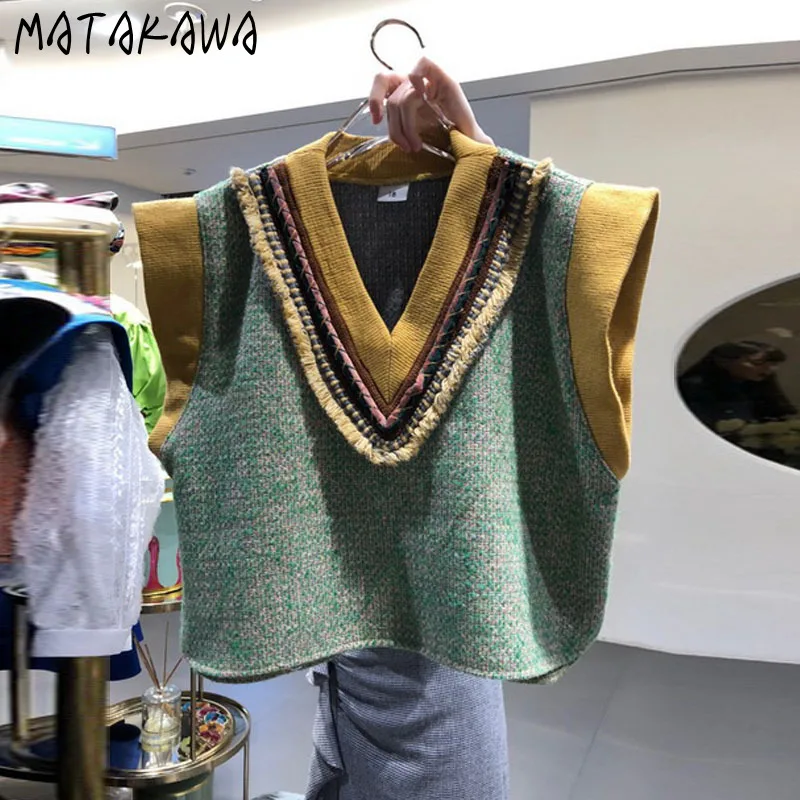 

FAKUNTN Knitting Sweater Vest Women Sleeveless Duffle V-neck Vest Short Women's Sweater Vests Spring Korean Fashion Waistcoat