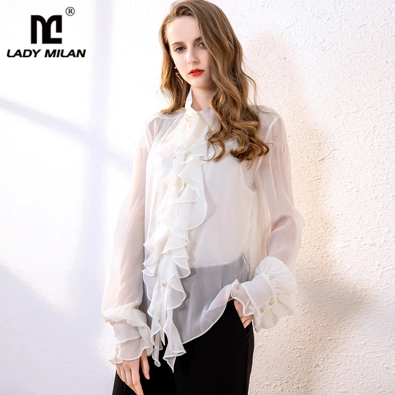 Женская модельная рубашка из 100% чистого шелка элегантная с круглым вырезом