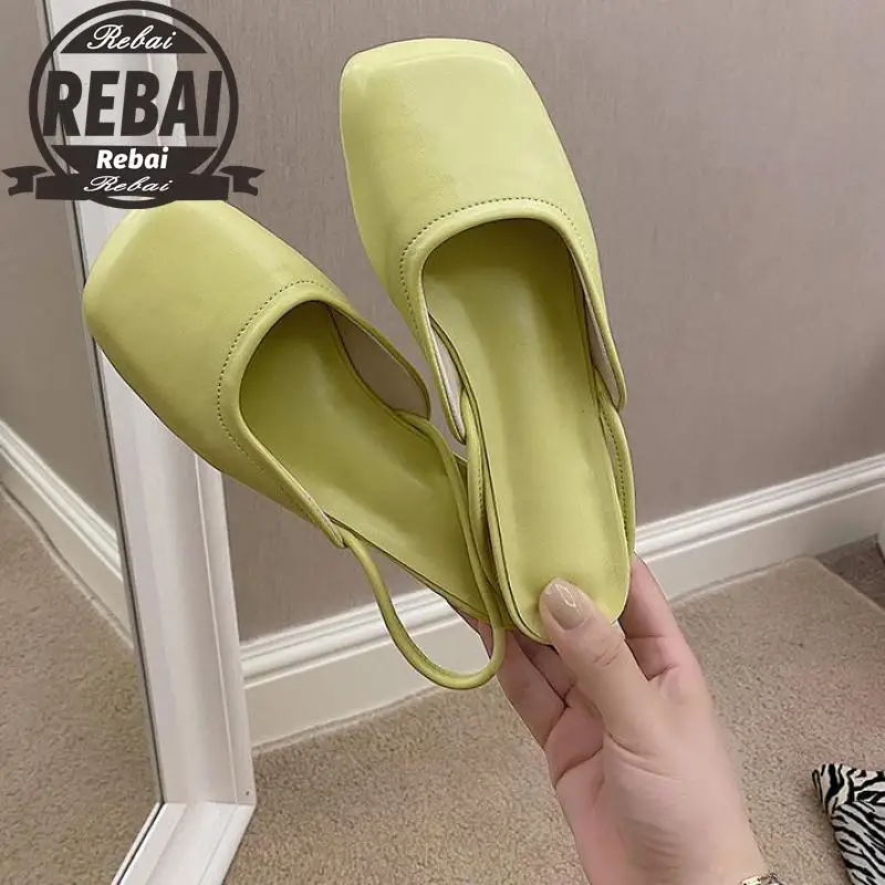 

Flat Sandal Shoe All-Match Summer Heels 2021 Women's Square Toe Without Girls New Fashion Closed Low Retro Outside Scandals Rubb