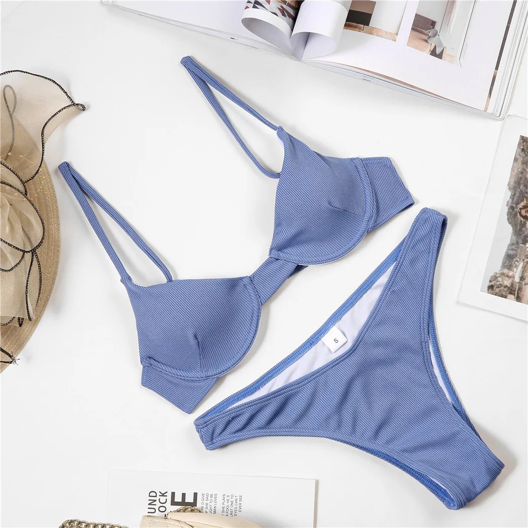 

Women Swimsuit Sexy Solid Push Up High Cut Swimsuit Lace Up Halter Bikini Set Two Piece Swimsuit Beachwear Bathing Suits 2021