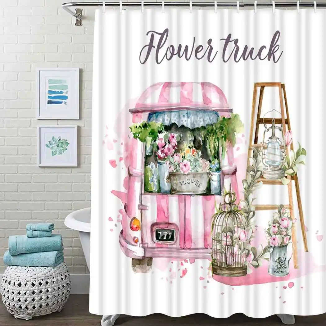 

Vintage Truck Flower Shower Curtain Peony Shower Curtain Waterproof Fabric For Bathroom Decor Shower Curtains Set With Hooks