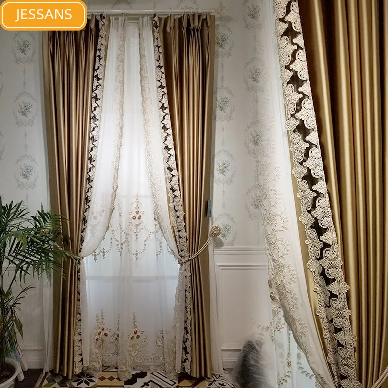 

High-end Imitation Silk Lace Stitching Blackout Curtains for Living Room and Bedroom Embroidery Finished Products Customization