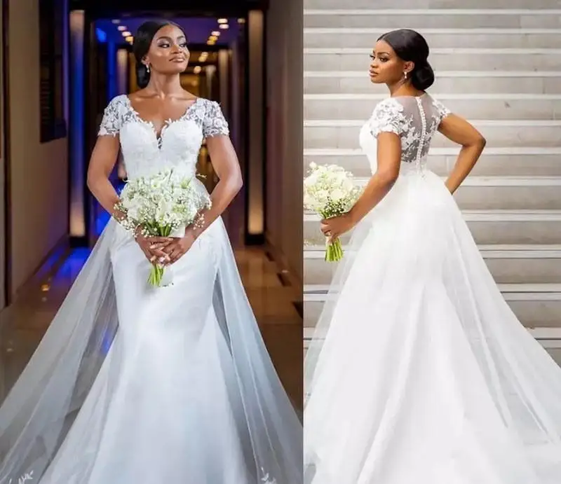 

Plus Size Mermaid Wedding Dress African Bridal Gowns Capped V Neck Court Train Overskirts Short Sleeves Formal Dresses Robe