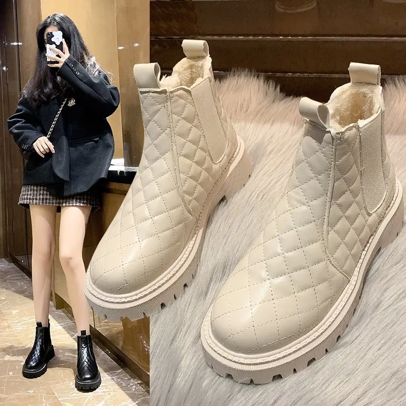 

Shoes Woman Martin Boots Non-Slip Snow Boots Women Raise The Bottom Warm with Velvet Short Lattice women boots ankle white boots