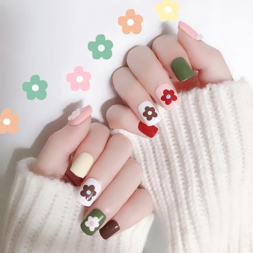 Ladies Fashion Green White Color Fake Nails Long Designs Artificial False Nail Tips Full Cover Art with Glue 24pcs/set | Красота и