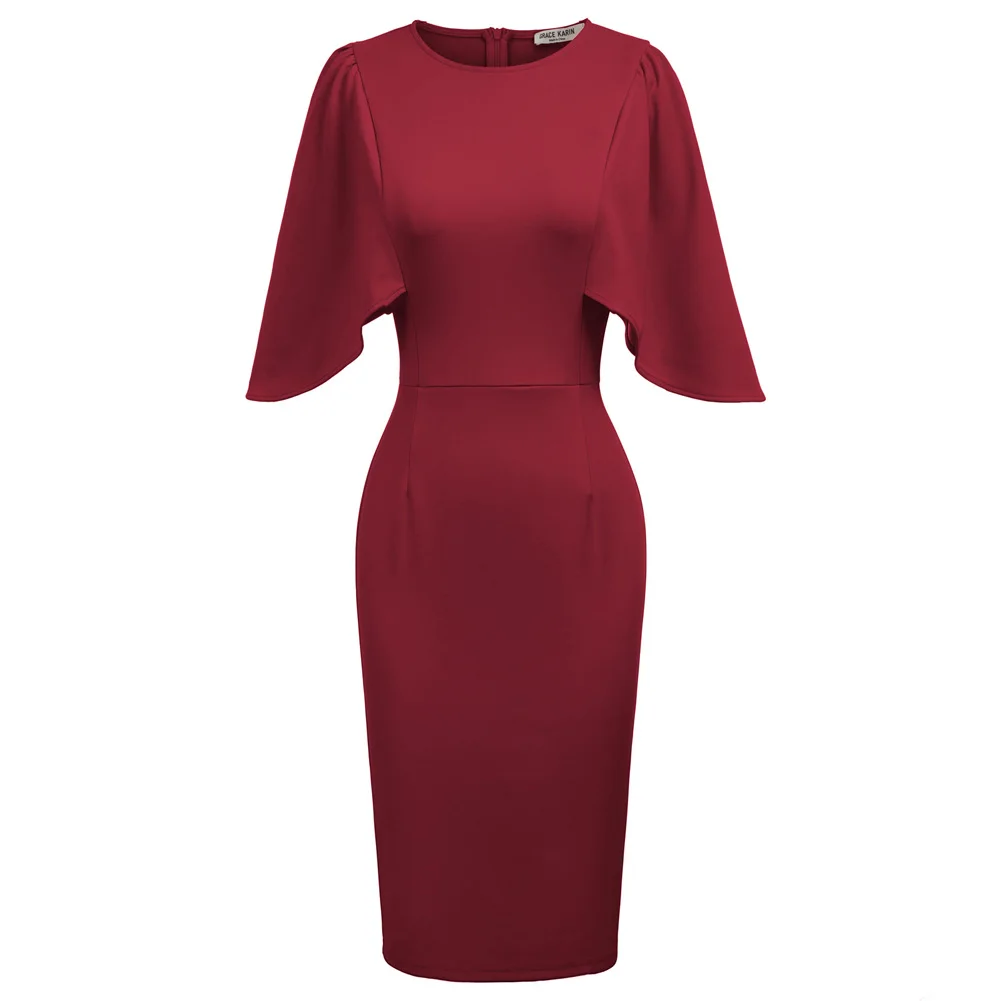 Женское облегающее платье-карандаш с оборками на рукавах и круглым вырезом
