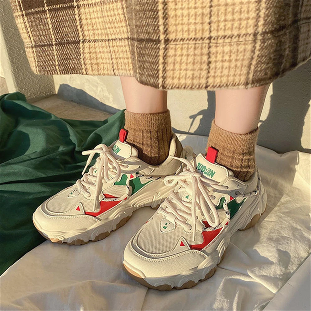 

Women's Chunky Sneakers Platform Lace Up Vulcanize Shoes Woman Fashion Breathable Casual Sports Shoes Female Designer 2021 New