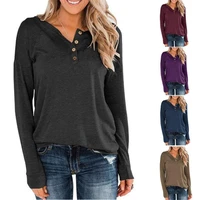 fashion women solid color knitted long sleeved round neck pullover button top t shirt