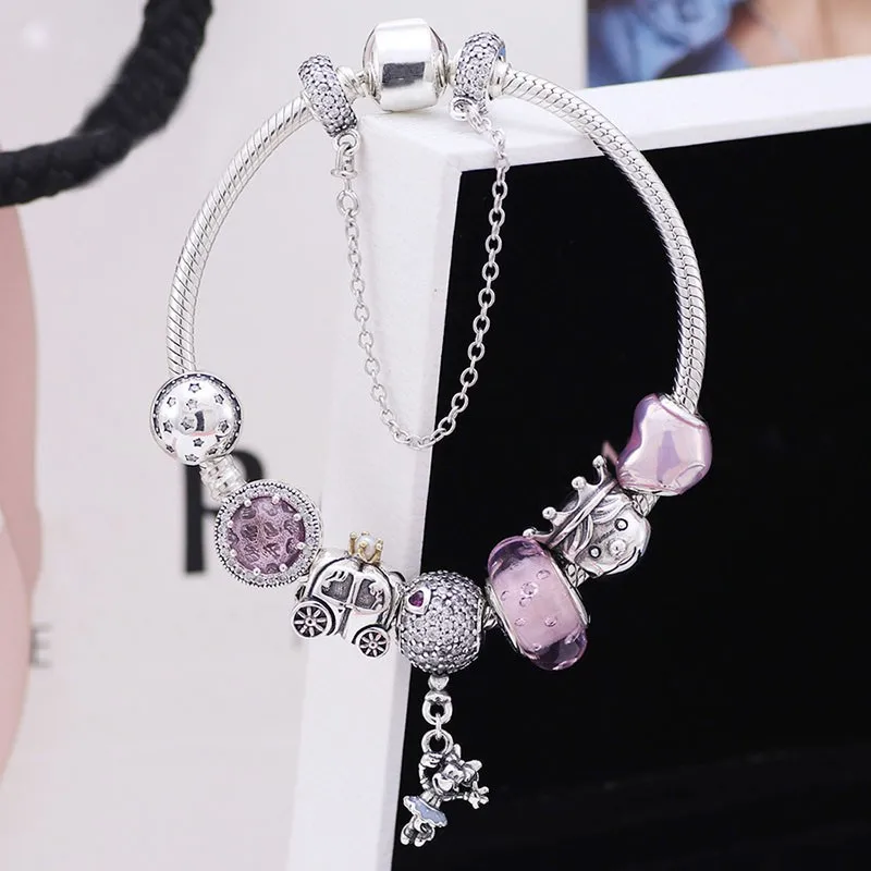 

2020 New 925 Sterling Silver Pink Bubble Glass Balloon Pendant Fashion Snake Bone Beaded Bracelet