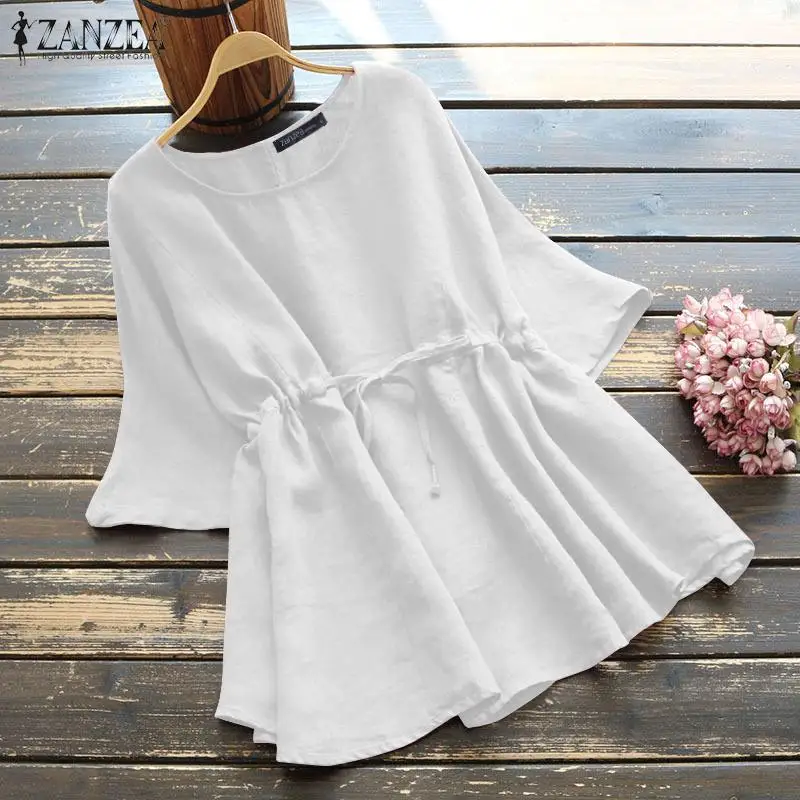 

ZANZEA Vintage Summer Cotton Blouse Elegant Women Short Sleeve Solid Tops Casual Blusas Loose Shirt Tunic Chemise 7