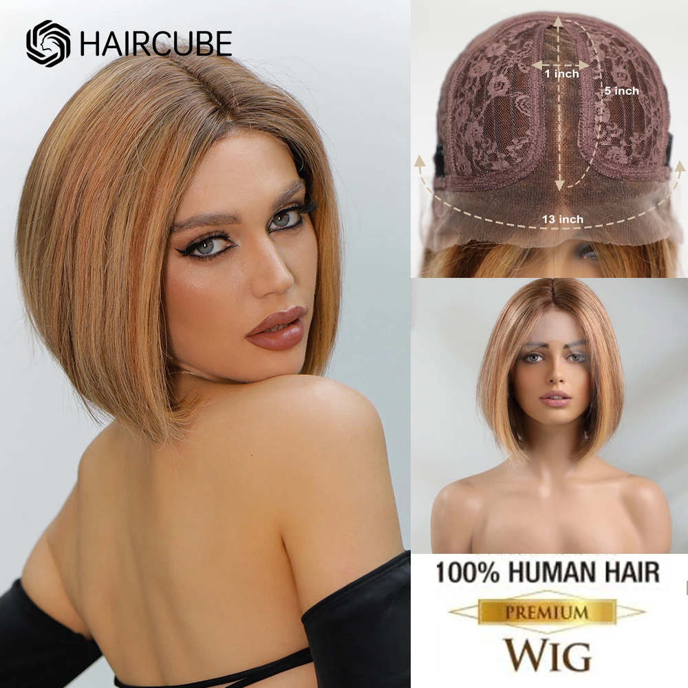 HAIRCUBE Ombre Brown Short Human Hair 13x1 Lace Front Wig Highlight Straight Bob Hair Wigs for Women Remy Hair Heat Resistant