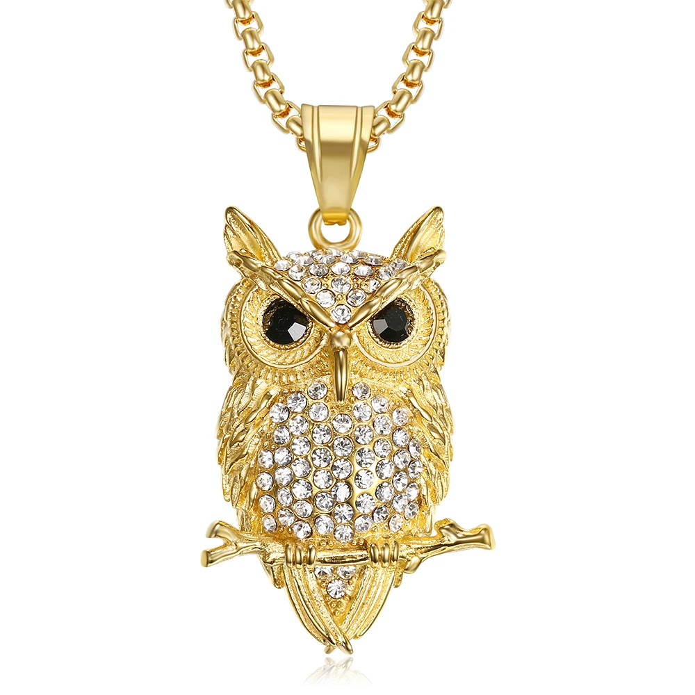 

Hip Hop Iced Out Cubic Zirconia Animal Owl Pendant Necklaces for Men/Women Gold Color Stainless Steel Bling Jewelry Dropshipping