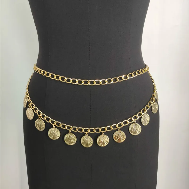 

Women 12pcs Metal Wafer Dangle Belly Chains Double Layer Waist Chain Hip Hop Body Jewelry Gold Color Waistband Body Chain