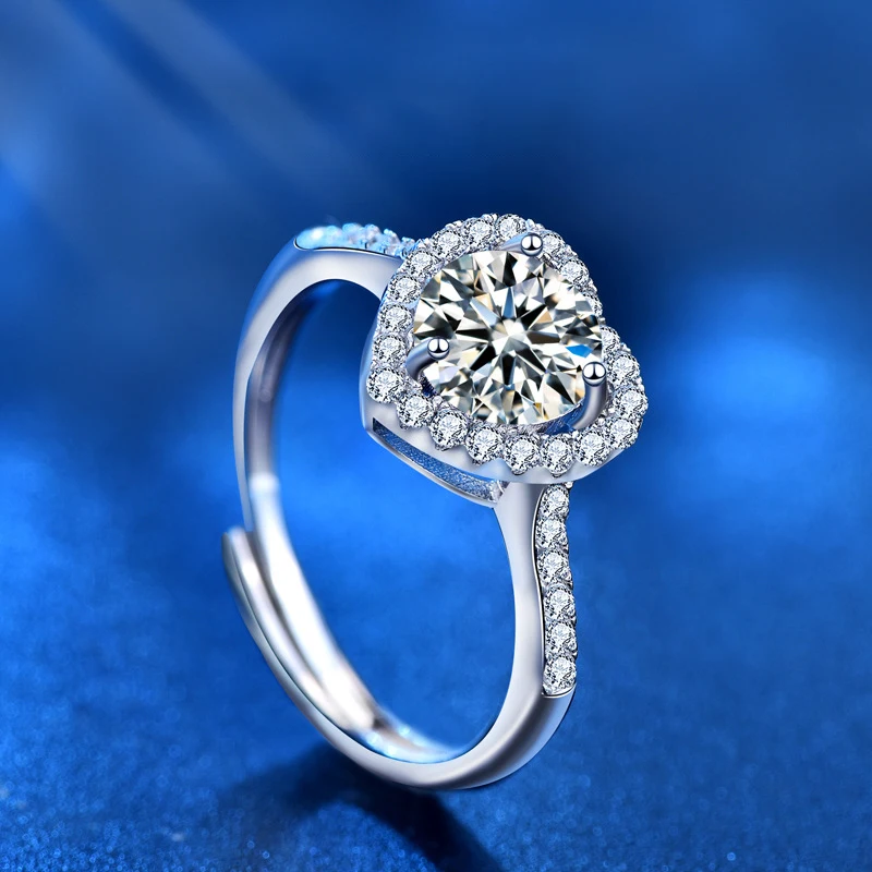 

Moissanite Ring 925 Silver 2.2g 1ct White Diamond Platinum Plated Heart Rings For Women Adjustable Opening Wedding Party Jewelry