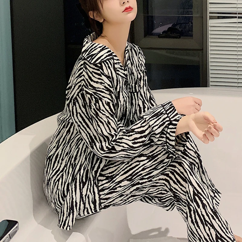 

Harajpee Zebra Pattern Pajamas Women Spring Autumn Thin Long Sleeve Ice Summer Lovely Net Red Pop Home Clothes Two Piece Suit