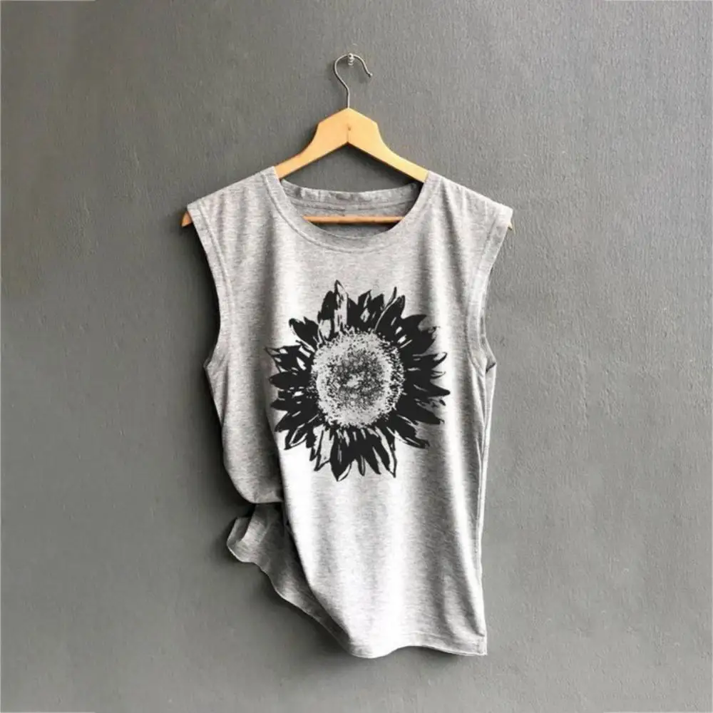 

Casual Women T-shirt Summer Vest O Neck Polyester Sleeveless Sunflower Print Loose T-shirt Top Women's Clothing женские футболки