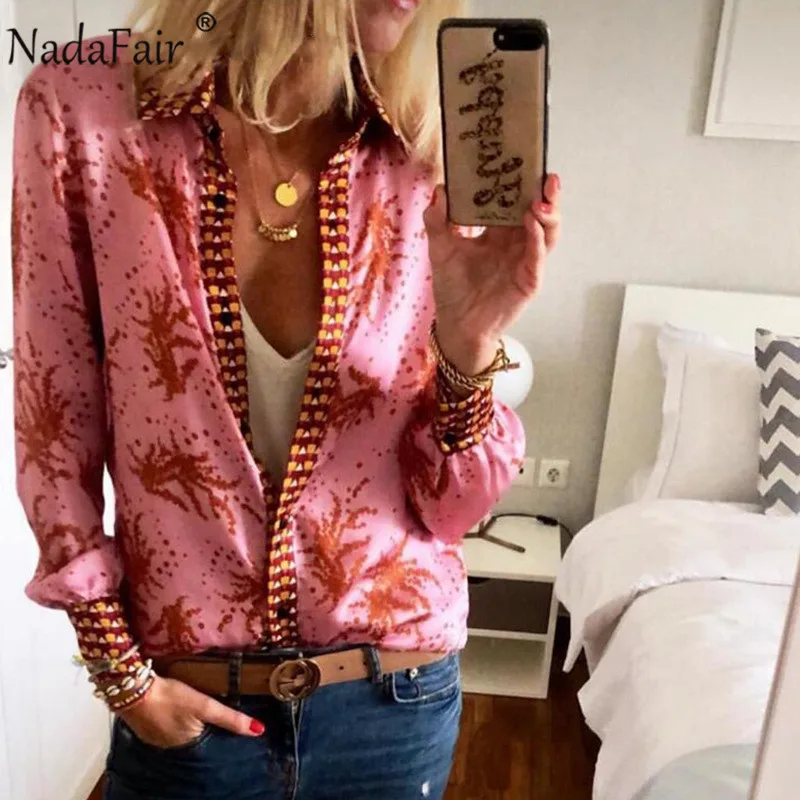 Женская атласная блузка Nadafair винтажная с цветочным принтом повседневные топы