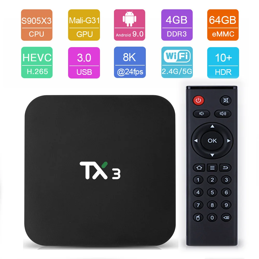 ТВ приставка Tanix TX3 Android 9 0 Amlogic S905X3 H.265 8K HDR 2 4/5 ГГц Wi Fi 4 + 32/64 ГБ|ТВ-приставки и