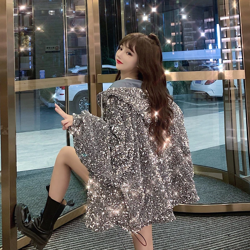 

Women'S Autumn Winter Jacket Shining Street Wear Hooded Thick Cotton Coat Party Cloth 2021 New Korean Style Fashion Tops