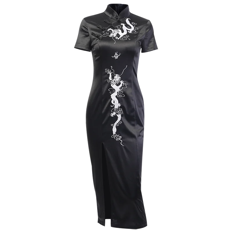 

Summer Dress Dress High-end Cheongsam New 2020 Dress Drape High Split Improved Dress 2020 Woman Vintage Dragon Embroidery Style