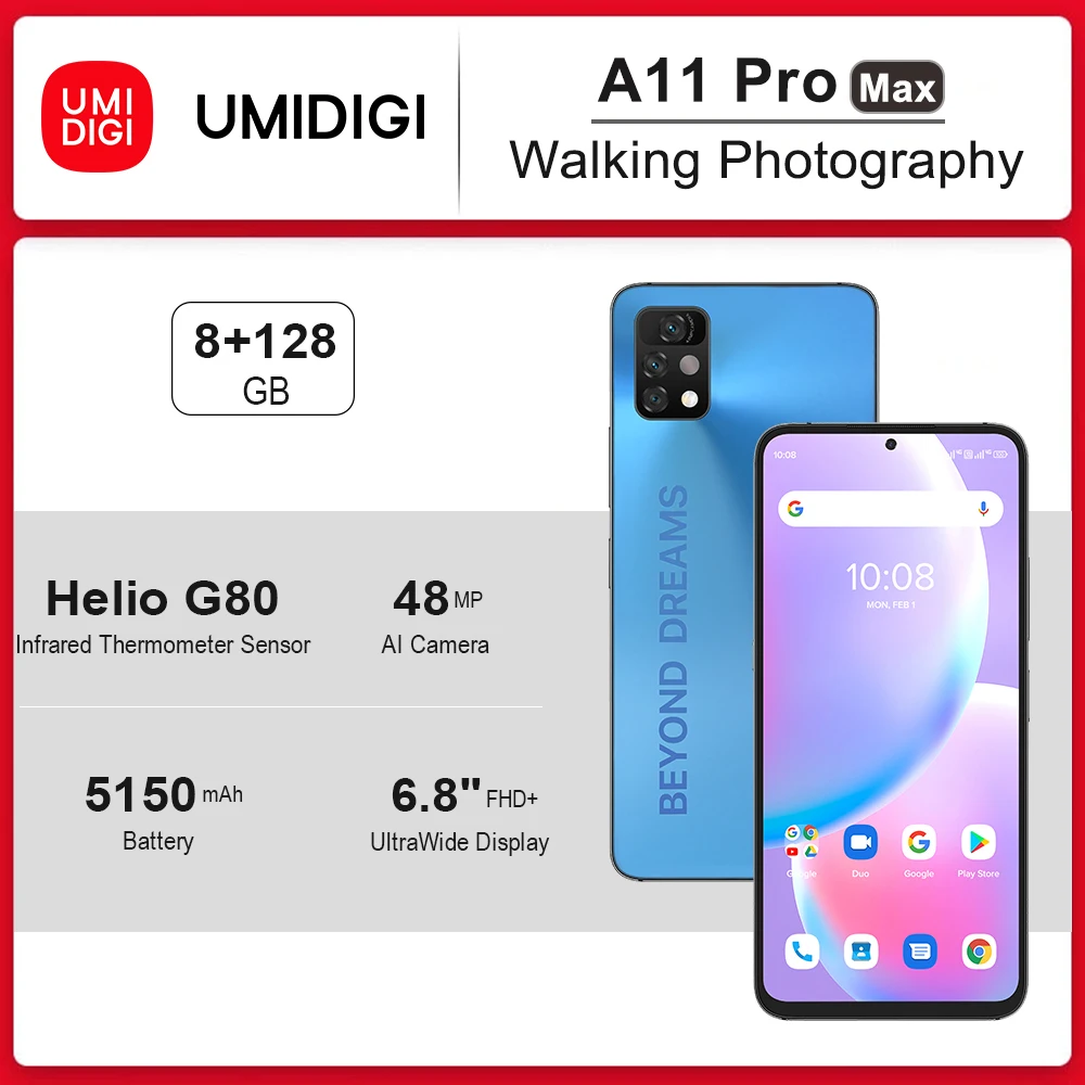 Смартфон UMIDIGI A11 Pro Max, глобальная версия дюйма, FHD + экран 6,8 дюйма, 8 + 128 ГБ, процессор Helio G80, тройная камера 48 МП, аккумулятор 5150 мА · ч - изображение