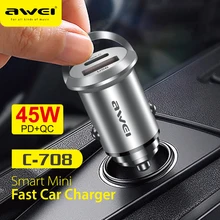 Awei C-708 45W Car Charger Hand-Held Portable Mini Quick Charging Type-C USB Support QC3.0  FC For Xiaomi iPhone 13 Pro Max