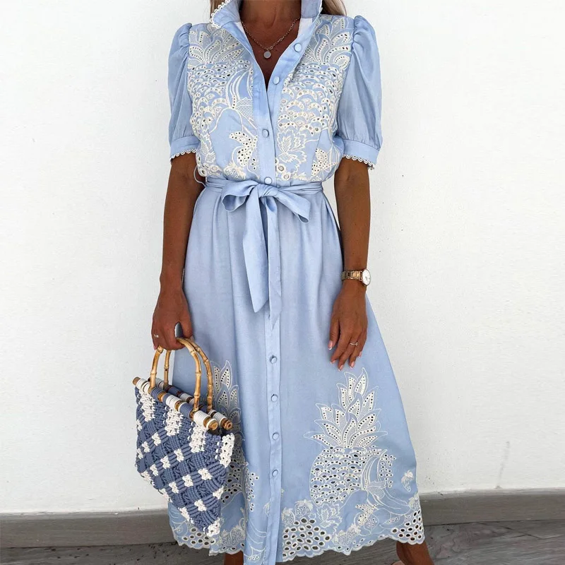 

2021 Summer Puff Sleeve Lace Party Dress Sexy Hollow Out Patchwork Embroidery Long Dress Elegant Women Tie-Up Belted Shirt Dress