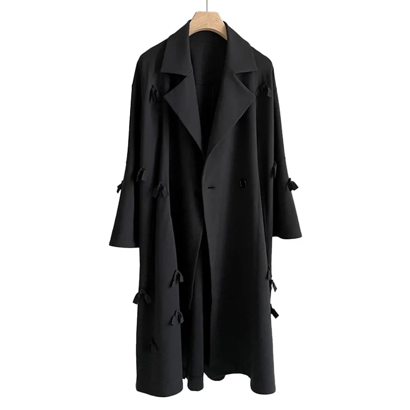 

New Arrivals Women Fashion Black Trench Blends Coat Bow Winter Autumn Jacket Long Lady Clothing S8753