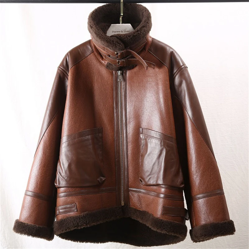 Winter Lamb Fur Bomber Real leather Jacket Women New Sheepskin Double Face Shearling Coat Oversized Genuine Leather Jackets